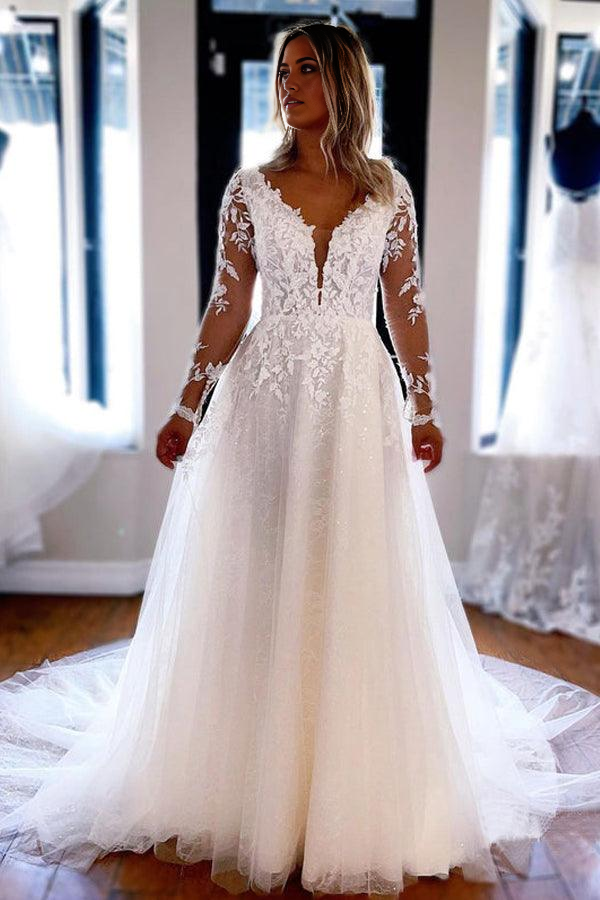 Wholesa A Line V Neck Elegant Lace Long Sleeves Wedding Dresses