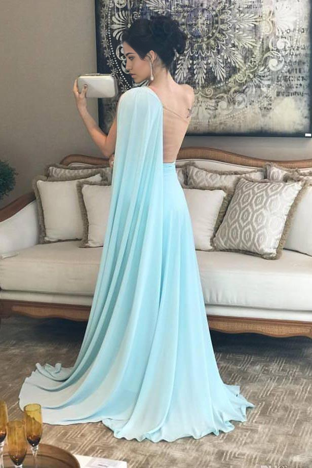 Wholesa A-line One Shoulder Chiffon Pleats Sheer Illusion Back Light Blue Prom Gown