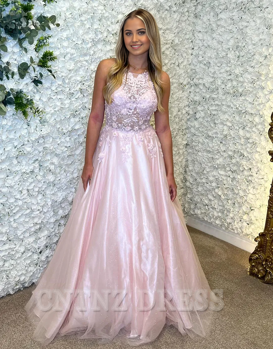 Wholesa A-Line Halter Laced Top Tulle Pink Long formal dresses Bridesmaid Dresses evening gown Prom Dress