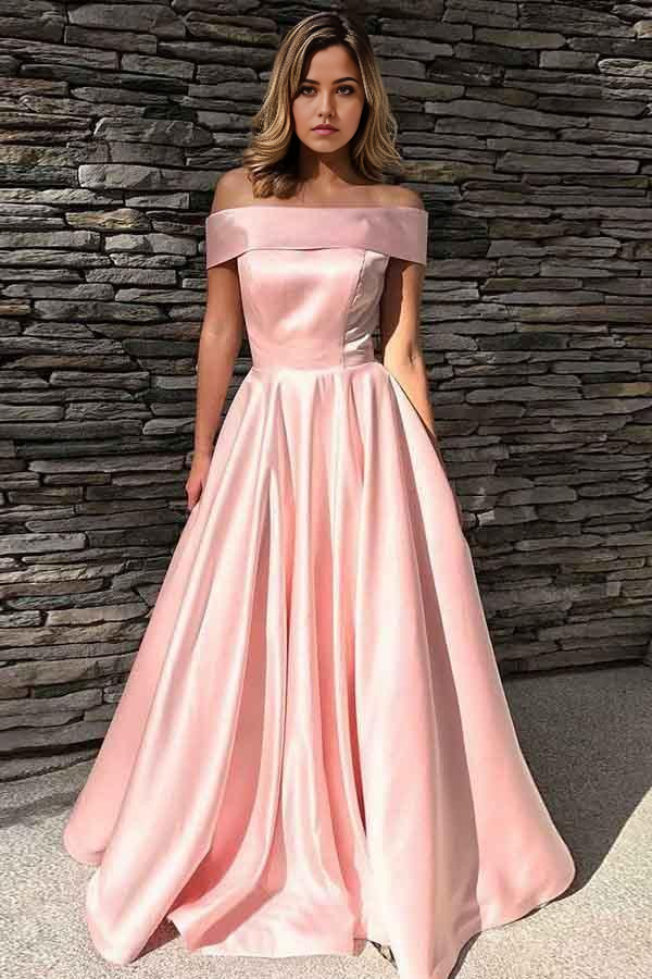Wholesa A-Line Off-the-Shoulder Sweep Train Pink Satin Prom Dress