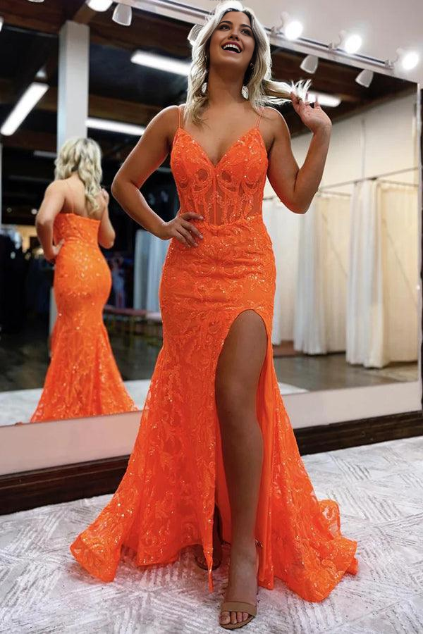 Wholesa Mermaid V Neck Glitter Slit Split Orange Prom Dresses Evening Dress