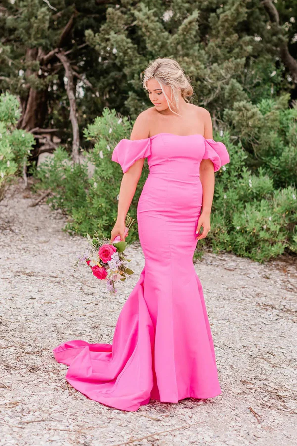 Wholesa Mermaid Off Shoulder Strapless Long Hot Pink Prom Dress