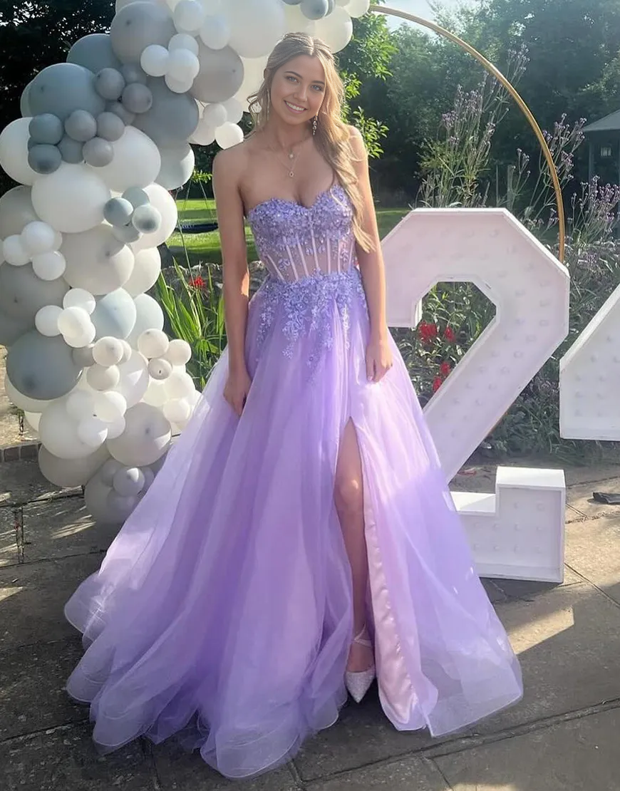 Wholesa A-Line Strapless Corset Appliques Tulle Sparkly Lilac Long formal dresses evening dress Prom Dress with Slit