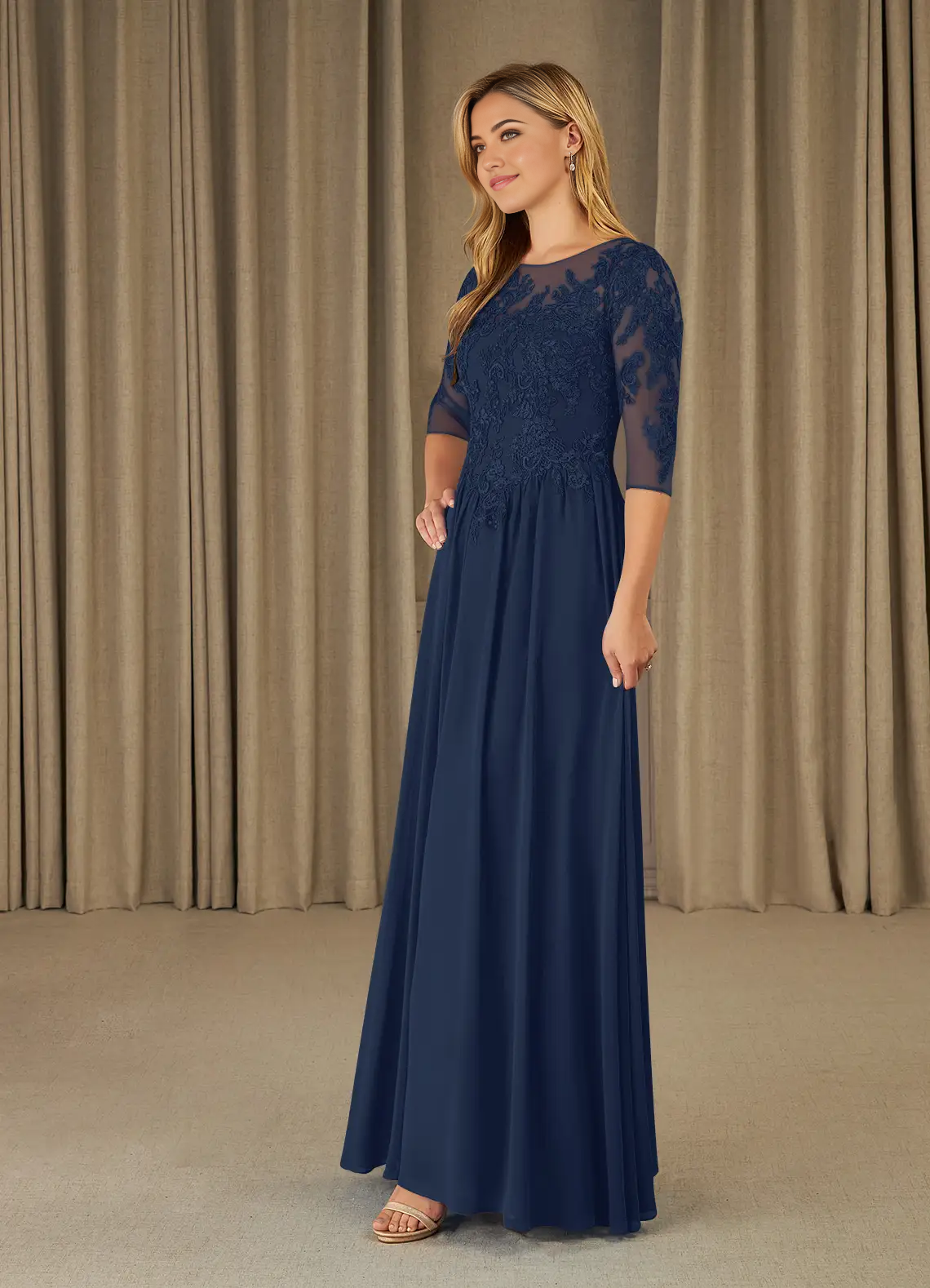 Wholesa A-Line Scoop Lace Chiffon Dark Navy formal dresses evening dress Mother of the Bride Dresses