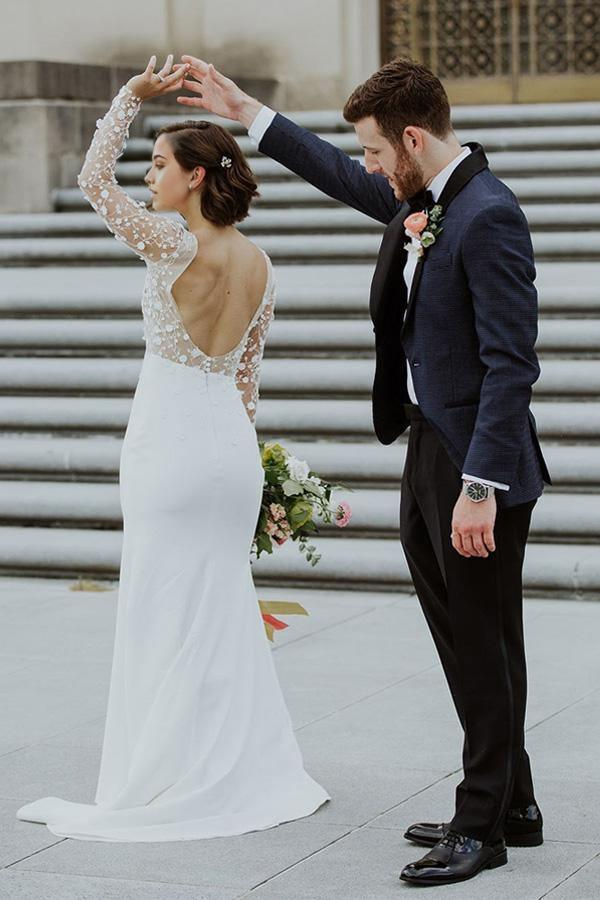 Wholesa Mermaid Long Sleeves Scoop Neck Open Back Lace Wedding Dresses with Split