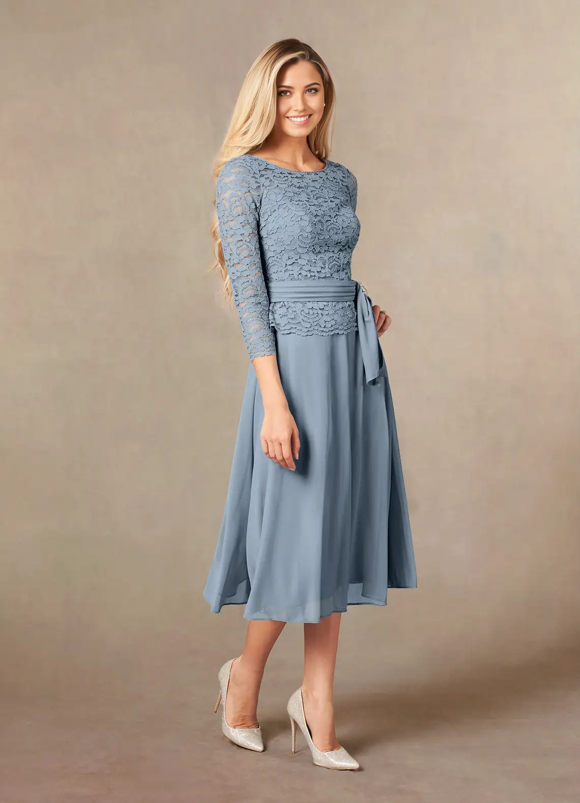 Wholesa A-Line Crew Neck Tea Length Lace Dusty Blue formal dresses evening dress Mother of the Bride Dresses