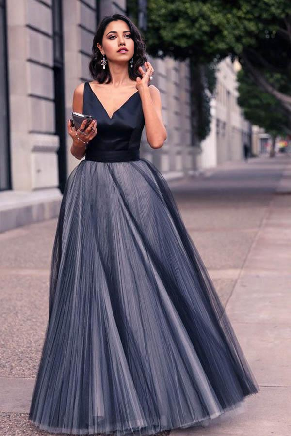 Wholesa A-line V-Neck Sleeveless Tulle Floor Length formal dresses Evening Dress Prom Dress