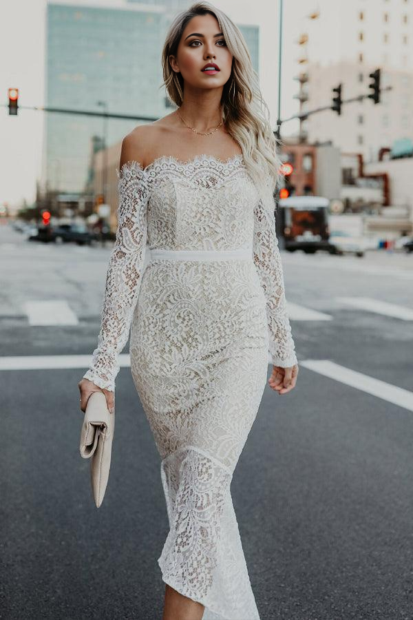 Wholesa Mermaid Off-the-Shoulder High Low Lace Wedding Dress with Long Sleeves