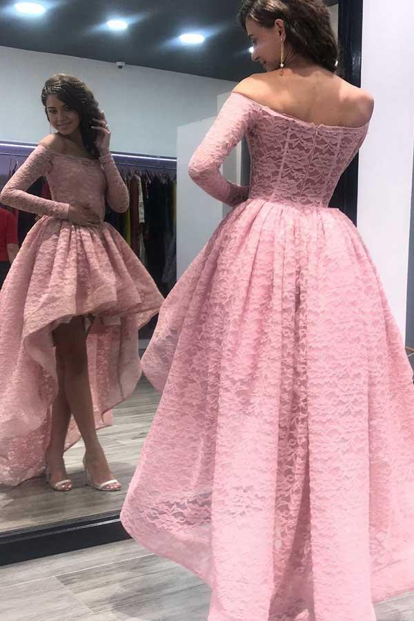 Wholesa A-line Off-the-Shoulder Pink Long Sleeves Lace High Low Prom Dress