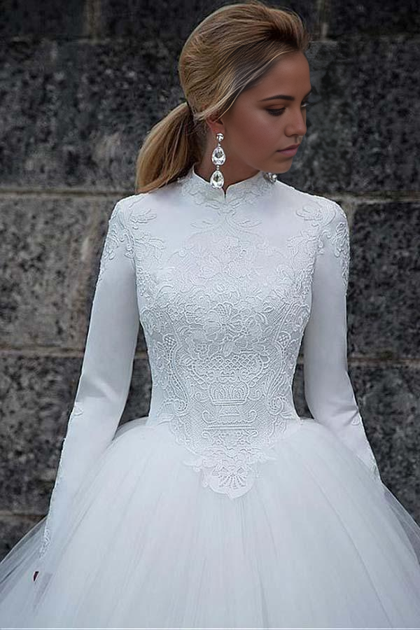 Wholesa A-line Vintage Satin High Collar Natural Waistline Ball Gown Wedding Dress