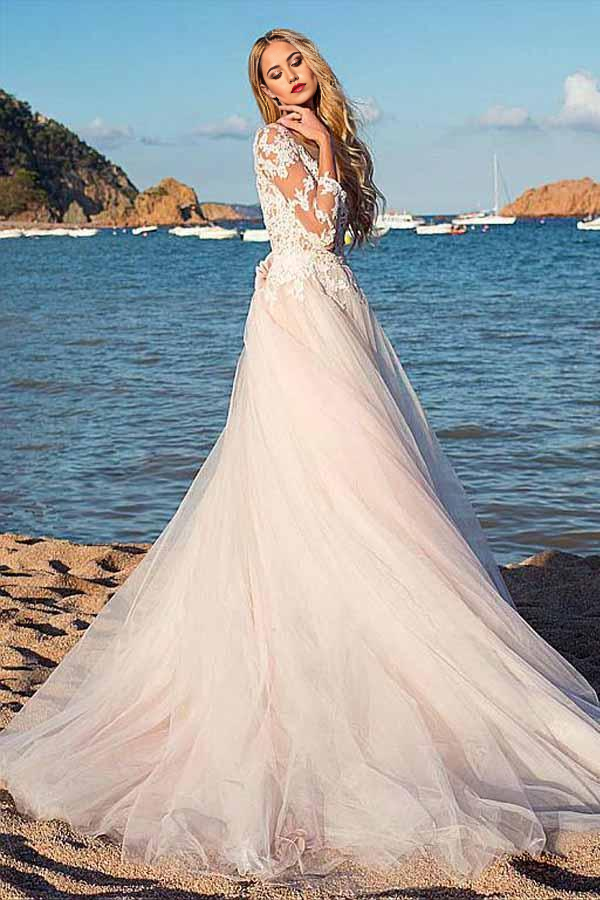 Wholesa A-line Appliques Tulle Scoop Neckline Wedding Dress With Lace