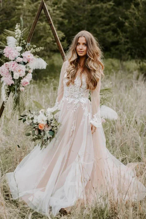 Wholesa A-line V Neck Long Sleeve Rustic Wedding Gown Wedding Dress