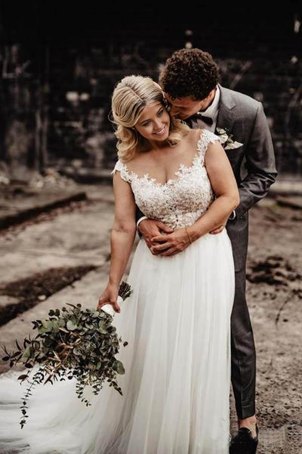 Wholesa A-Line Neck Back Lace Appliqued Wedding Gown Wedding Dresses with Illusion