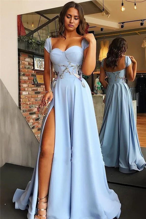 Wholesa Sweetheart Neck Satin High Slit Evening Gown Prom Dresses