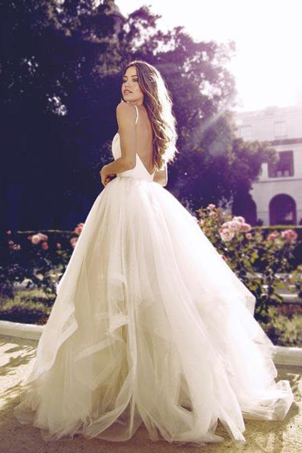 Wholesa A-line Glamorous Straps Ivory Backless Tulle Ball Gowns Wedding Dresses