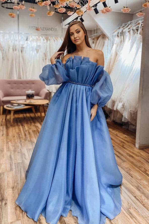 Wholesa A-line Scoop Neck Blue Off The Shoulder Long Sleeves Prom Dress