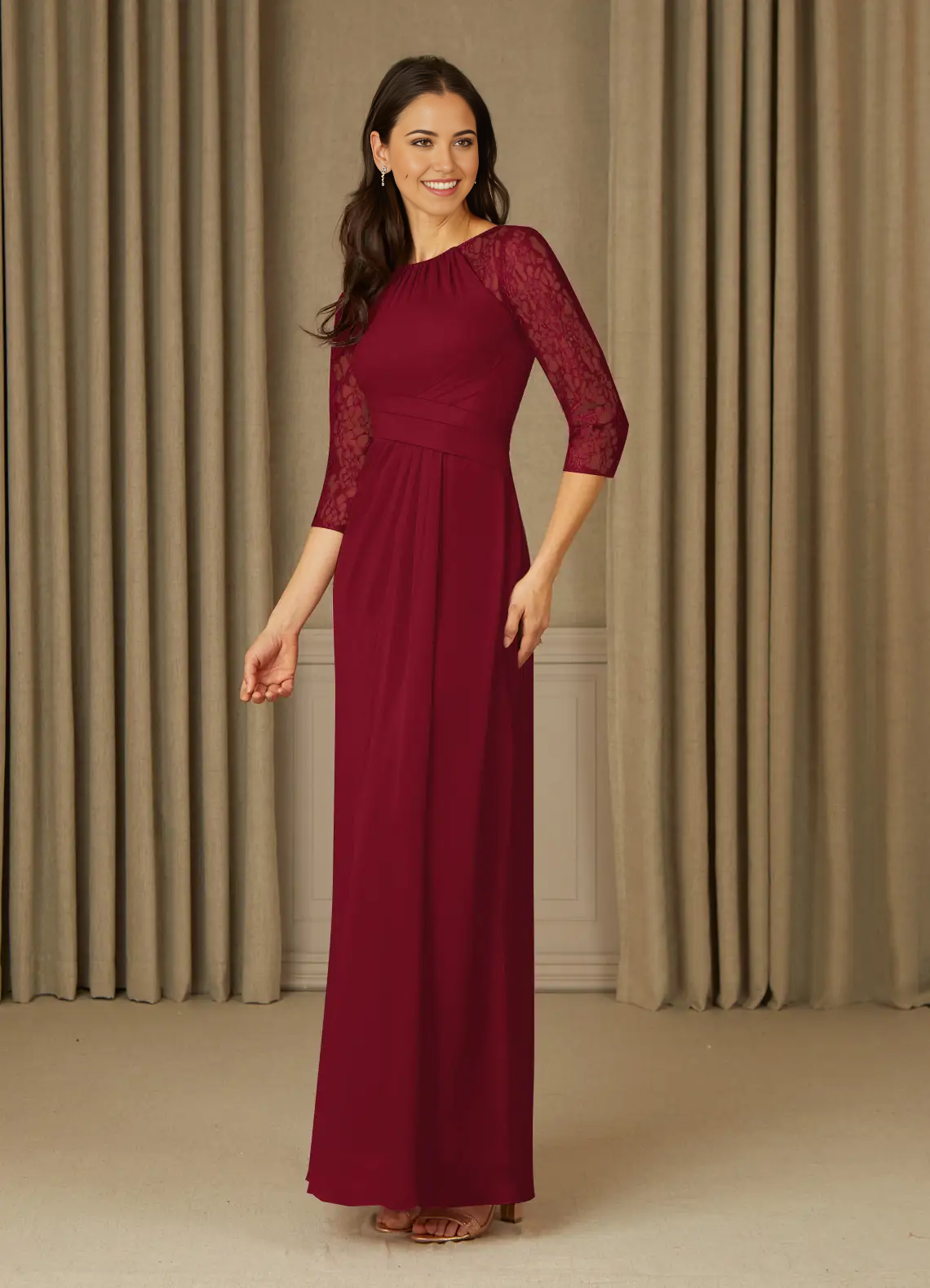 Wholesa A-Line 3/4 Length Sleeve Lace Chiffon Burgundy formal dresses evening dress Mother of the Bride Dresses
