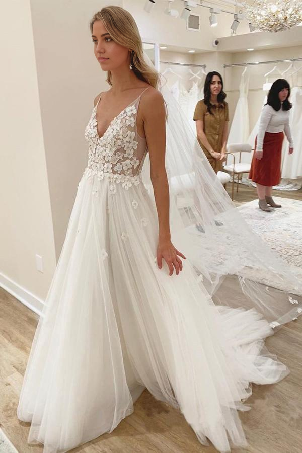 Wholesa A-Line V-Neck Sleeveless Ivory Floral Wedding Dress