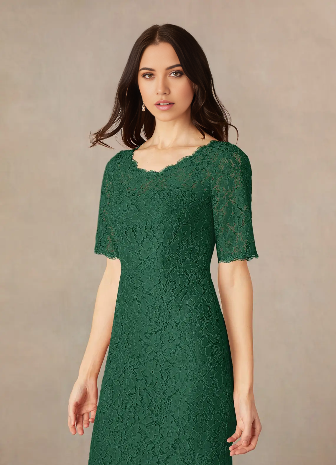 Wholesa Mermaid Crew Neck Short Sleeve Lace Dark Green formal dresses evening dress Mother of the Bride Dresses