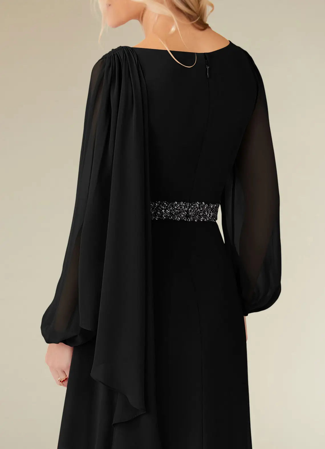 Wholesa A-Line Boatneck Pleated Chiffon Long Sleeve Black Mother of the Bride Dresses