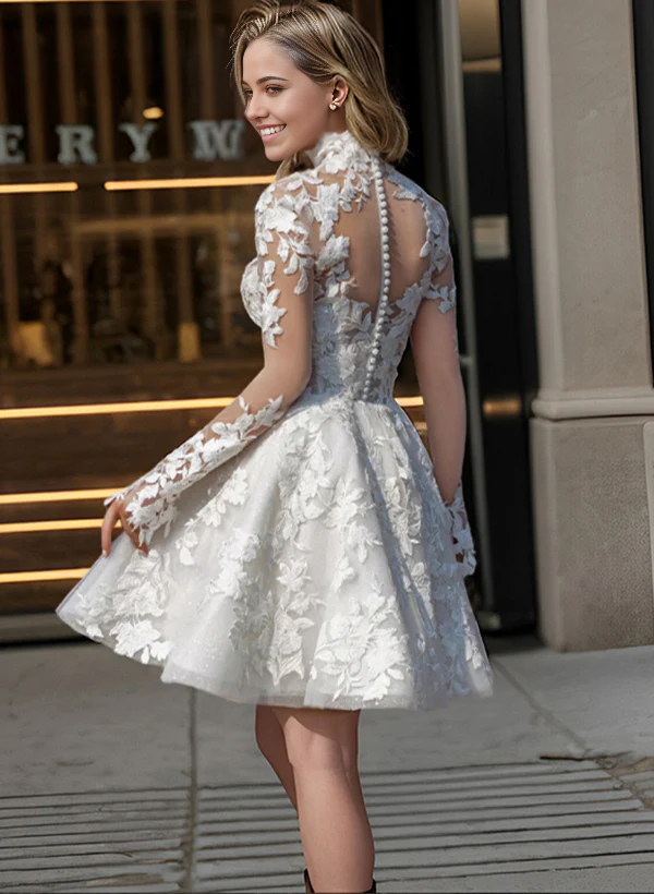 Wholesa A-Line Illusion Neck Long Sleeves Lace Wedding Dresses