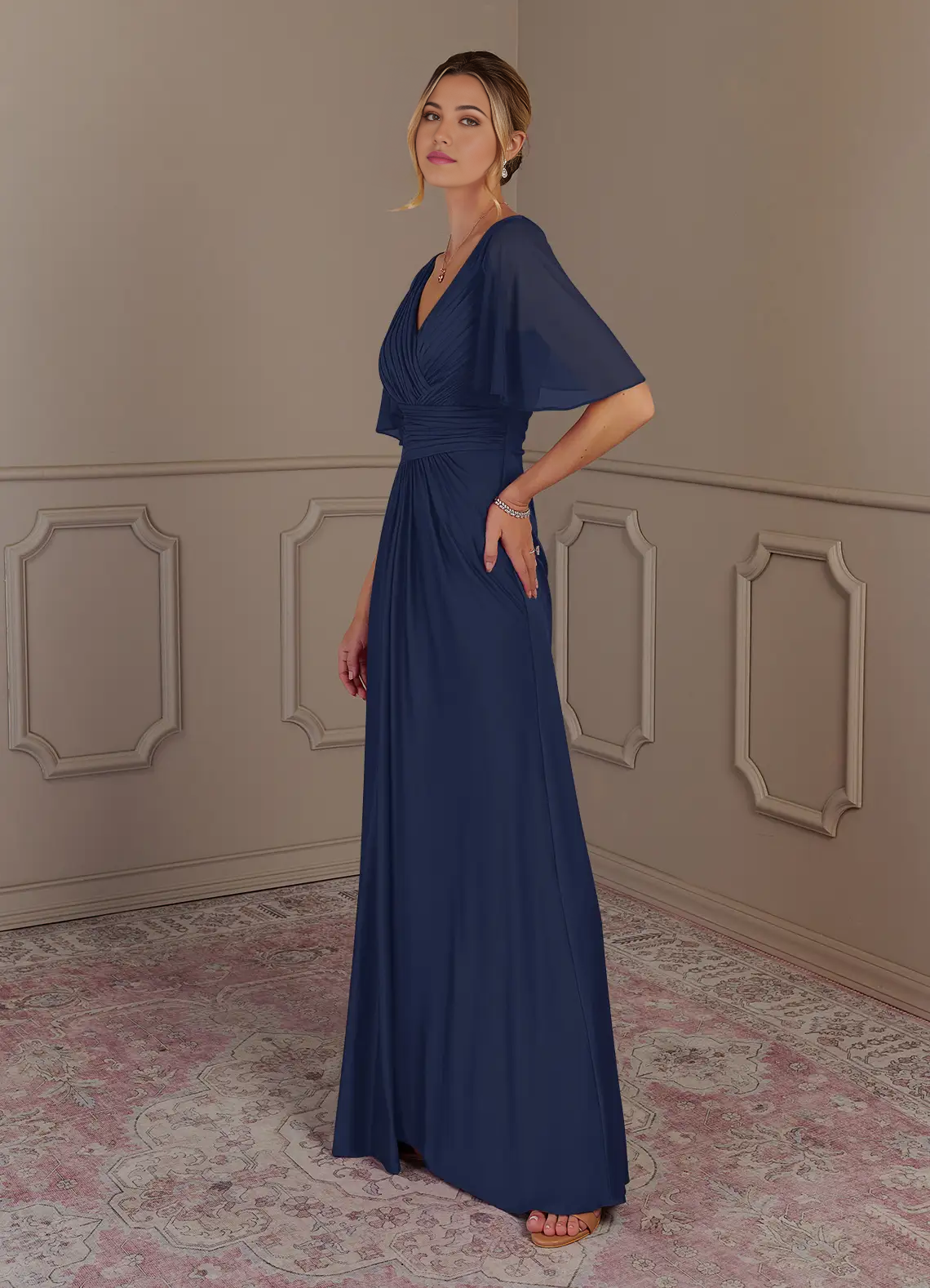 Wholesa A-Line V-Neck Pleated Dark Navy formal dresses evening dress Mother of the Bride Dresses