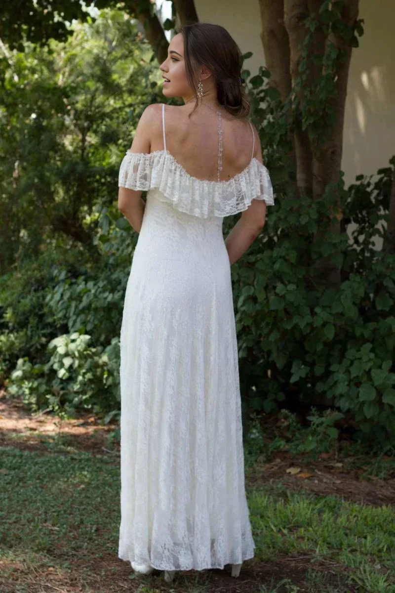 Wholesa Spaghetti Straps Off-The-Shoulder Floor-Length Lace Wedding Dress