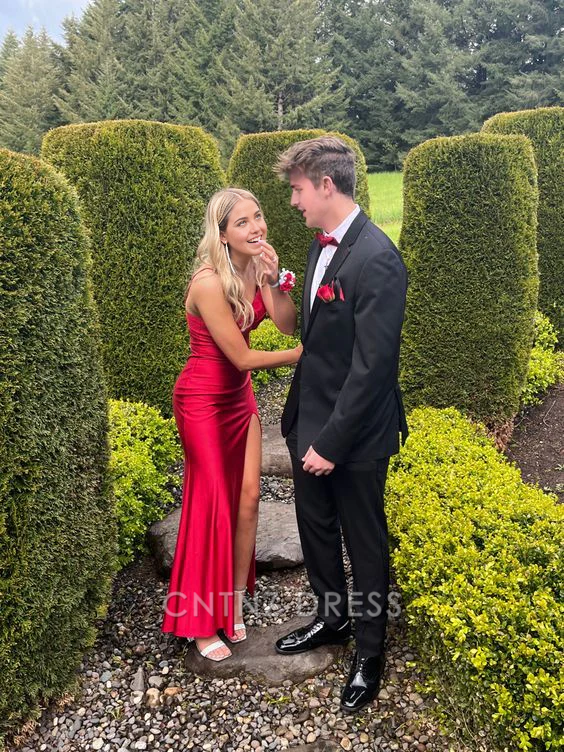 Wholesa Mermaid Spaghetti Straps Sexy Red Satin Long formal dresses Bridesmaid Dresses evening gown Prom Dress With Side Slit