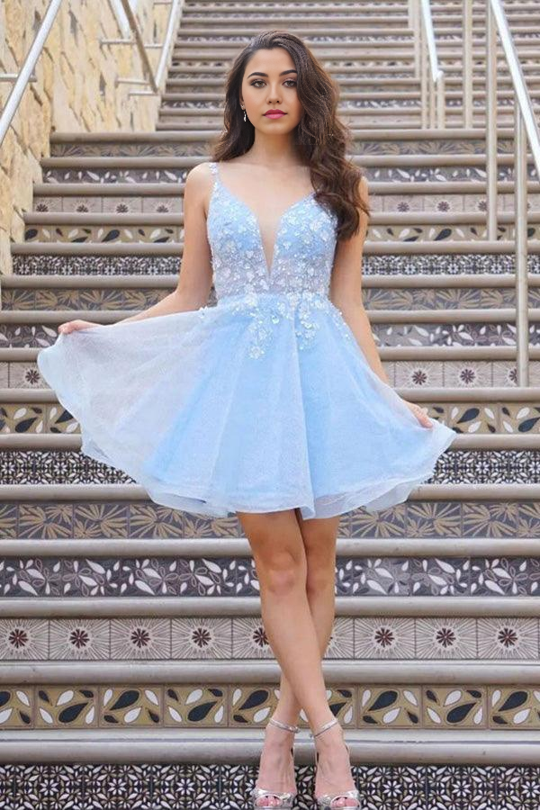 Wholesa A-line Cute V Neck Light Blue Lace Floral Short Prom Homecoming Dresses