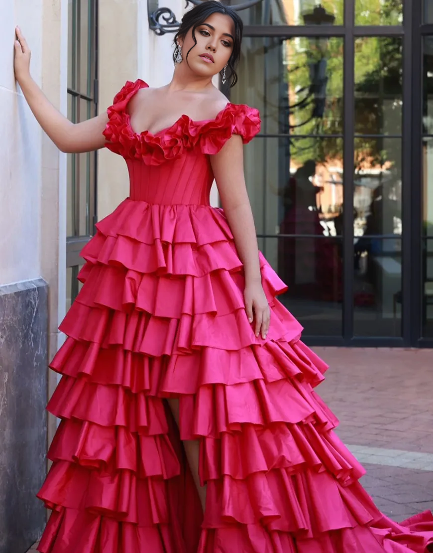Wholesa A-Line Ruffled Off the Shoulder Corset Tiered Fuchsia formal dresses evening gown Long Prom Dress with Slit