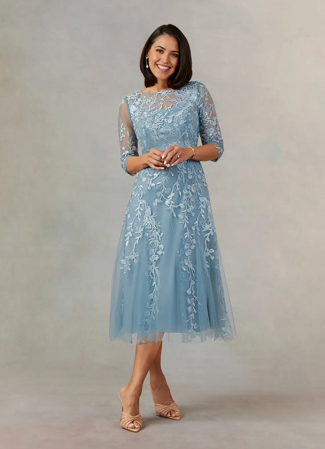 Wholesa A-Line Boatneck Lace Dusty Blue formal dresses evening dress Mother of the Bride Dresses