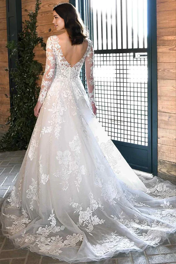 Wholesa Bohemian A-line Long Sleeve V-Neck Ivory Lace Country Style Wedding Dress