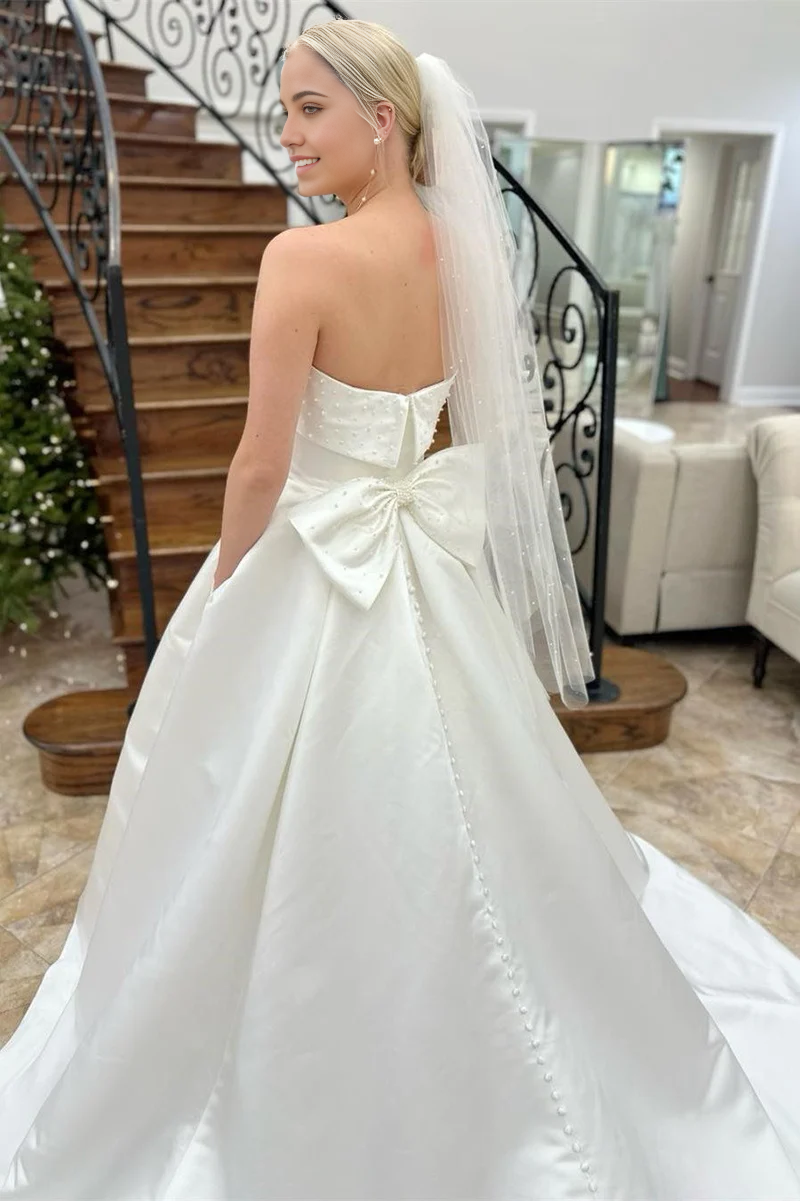 Wholesa A-Line Strapless Bow-Back Pearls Wedding Dress