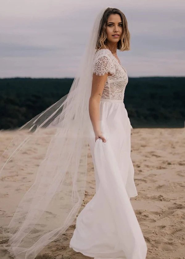 Wholesa Boho A-Line V-Neck Chiffon Through Lace Wedding Dress