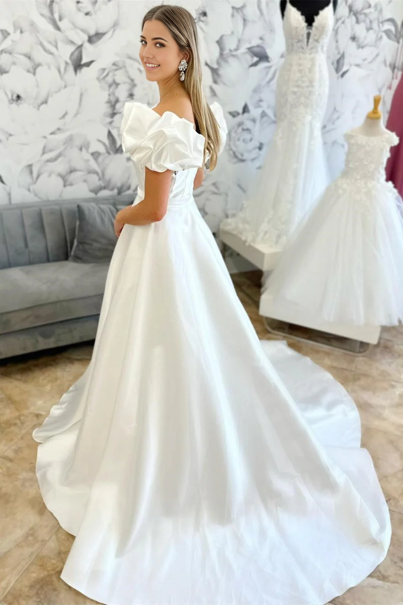 Wholesa A-line Off-the-Shoulder Ruffle Long Bridal Gown Wedding Dresses