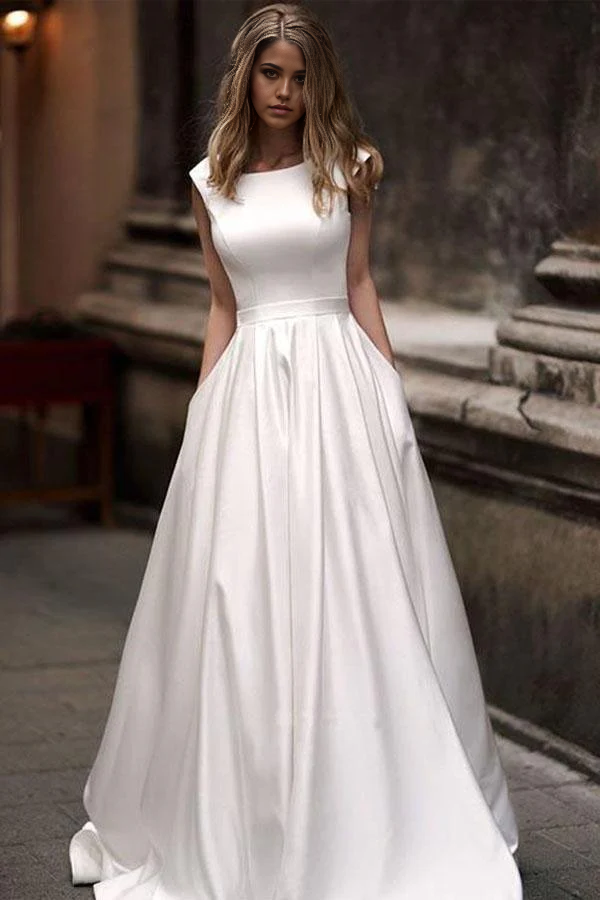 Wholesa A-line Vintage Princess Ivory Satin Long Wedding Dresses with Pockets