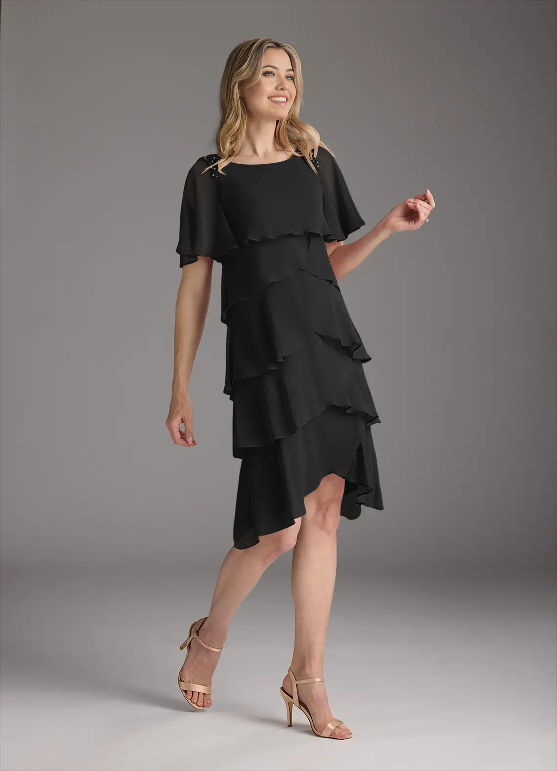 Wholesa A-Line Scoop Beaded Chiffon Black Tea Length formal dresses evening dress Mother of the Bride Dresses