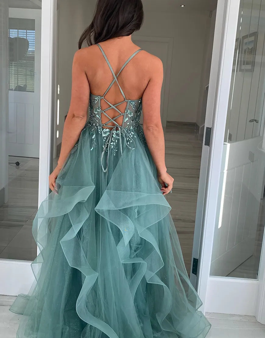 Wholesa A-Line Spaghetti Straps Appliques Sparkly Grey Blue Ruffle Tulle Long formal dresses evening dress Prom Dress