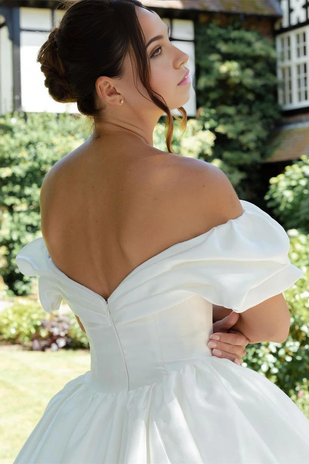 Wholesa A-line Puff Off-the-Shoulder V Neck Sweeping Long Wedding Dress