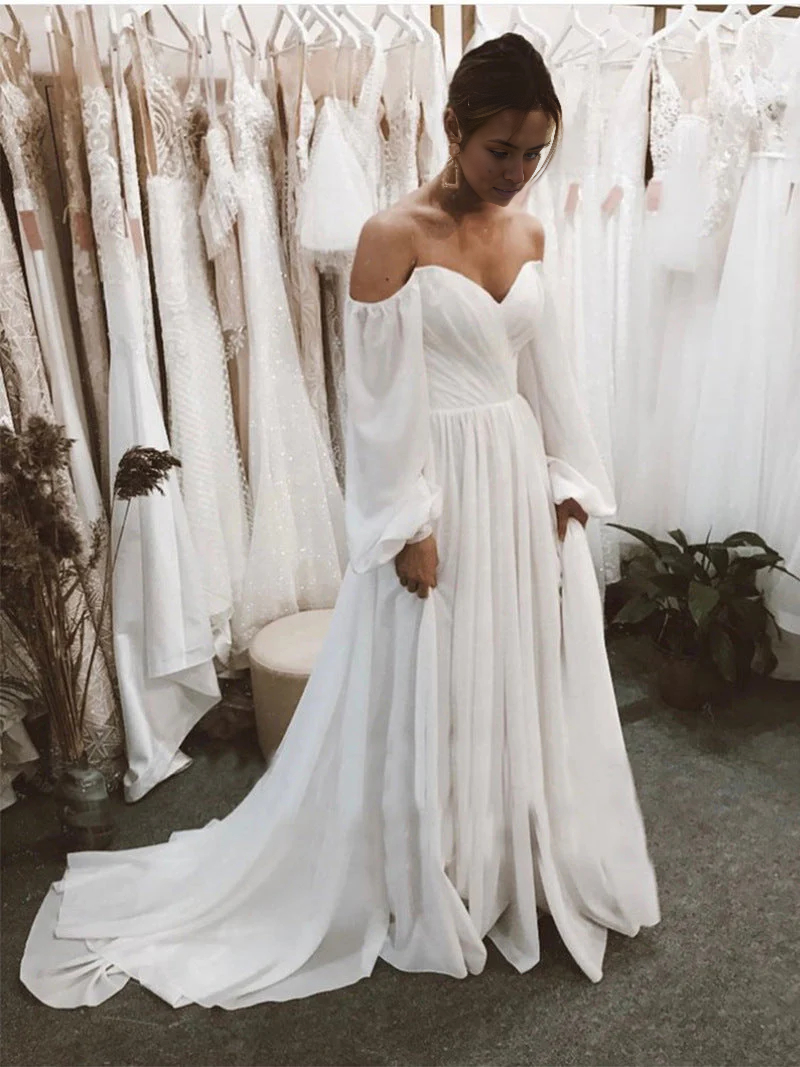 Wholesa Beach Off the Shoulder Chiffon Long-Sleeve Wedding Dresses