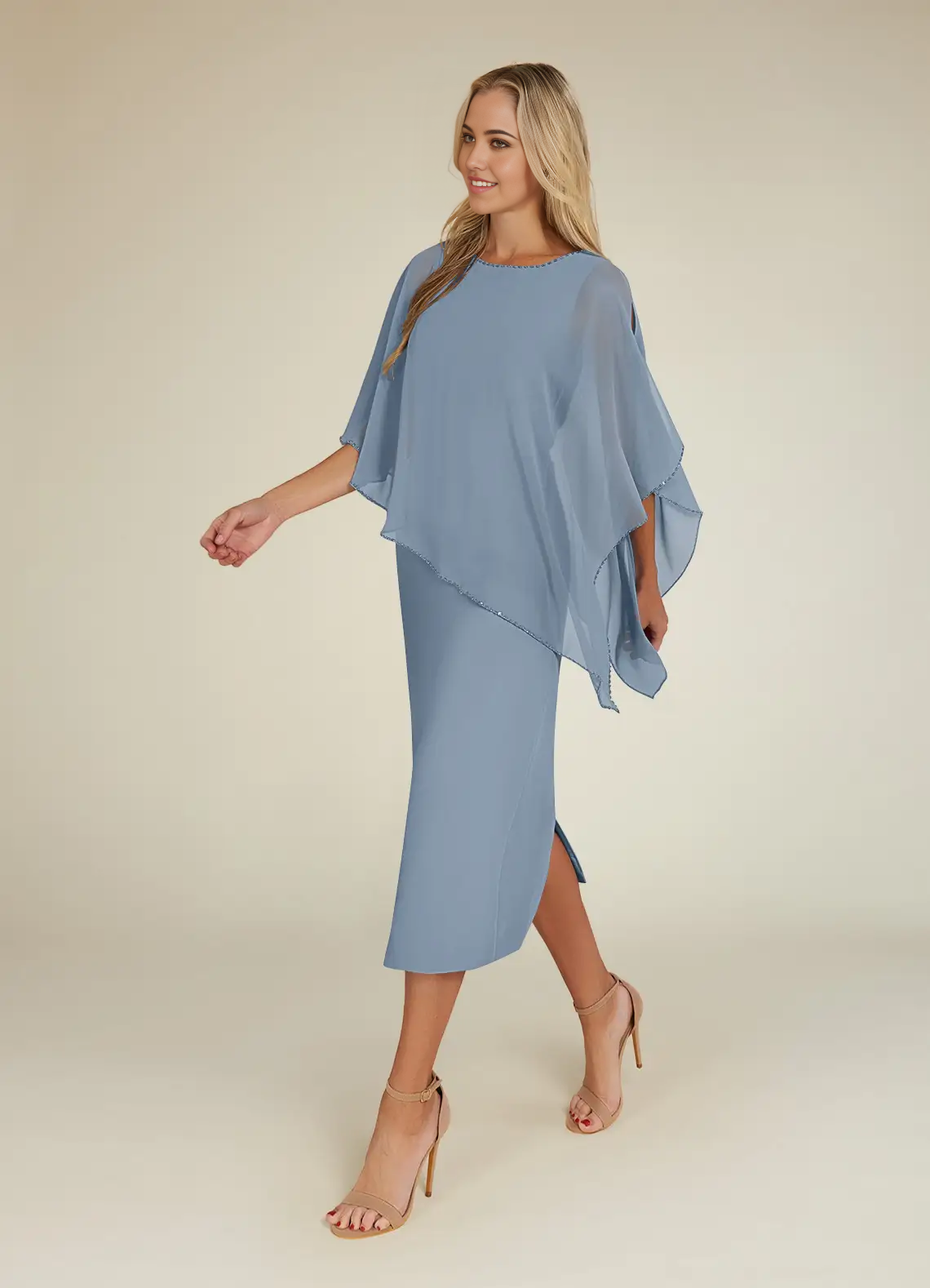 Wholesa Sheath Sequins Crew Neck Chiffon Dusty Blue formal dresses evening dress Mother of the Bride Dresses