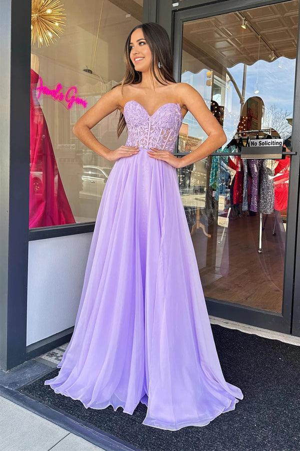 Wholesa A-Line Strapless Tulle Long Evening Dress Floor Length Lilac Prom Dress