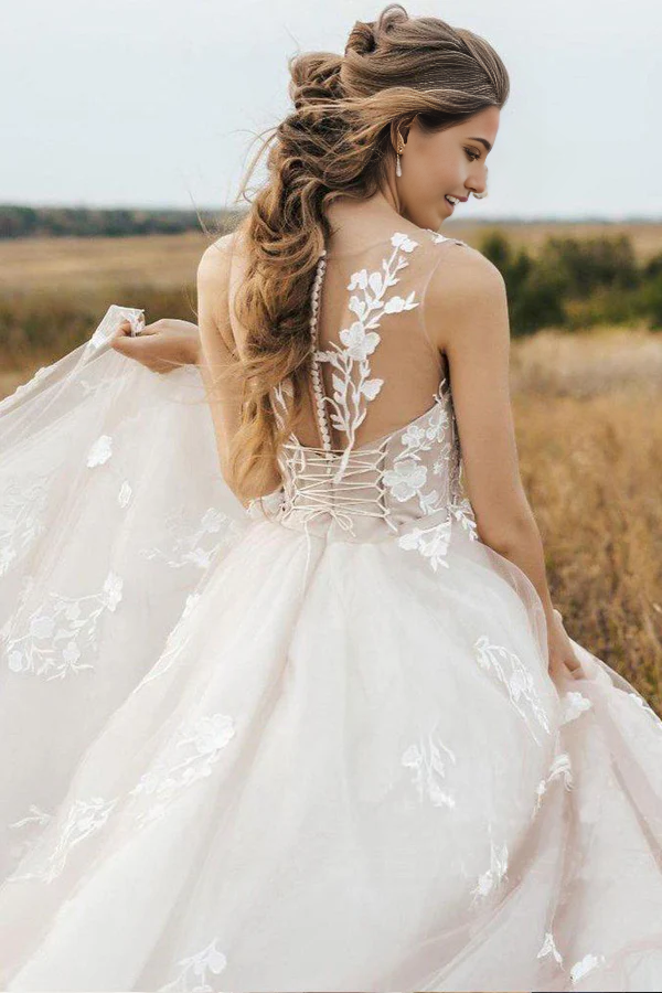 Wholesa A Line Vintage Lace Scoop Neckline Tulle Wedding Bridal Dress Wedding Dresses