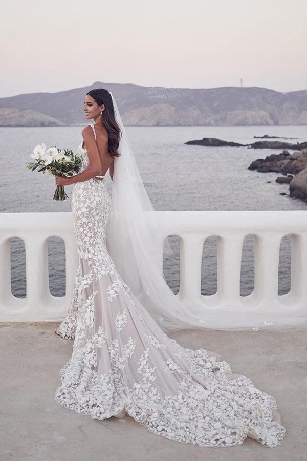 Wholesa Mermaid Lace Straps Appliqued Bridal Gowns Wedding Dresses