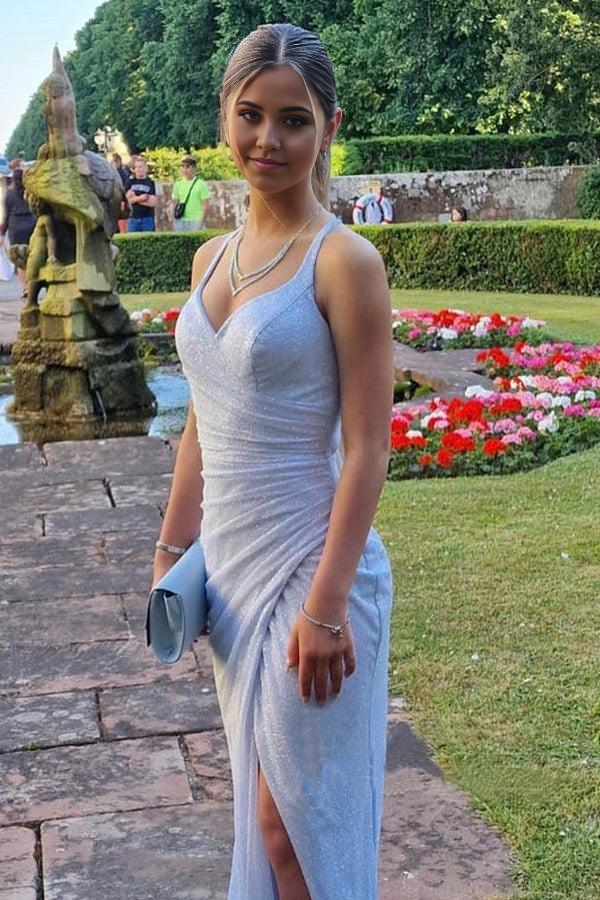 Wholesa Sparkly Lace Spaghetti Straps Neckline Sweep Train Sheath Prom Dress