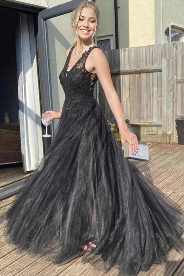 Wholesa A Line V Neck Tulle Black Prom Dress Formal Dress