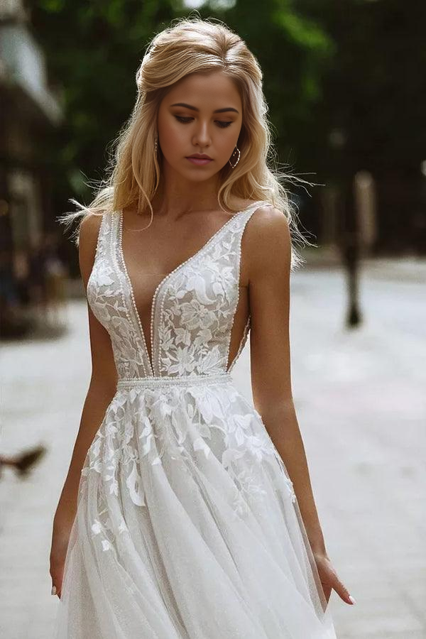 Wholesa Beach A-line V Neck Elegant Lace Wedding Dresses Bridal Gown
