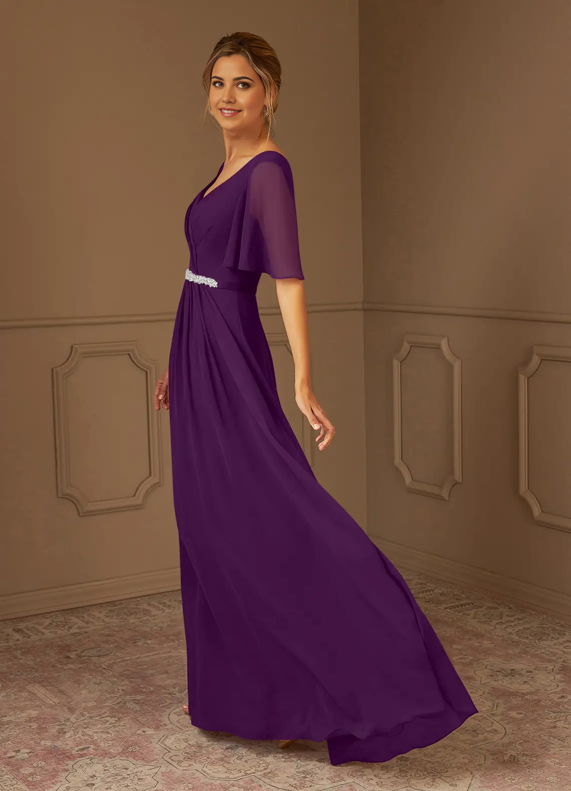 Wholesa A-Line V-Neck Pleated Chiffon Grape formal dresses evening dress Mother of the Bride Dresses