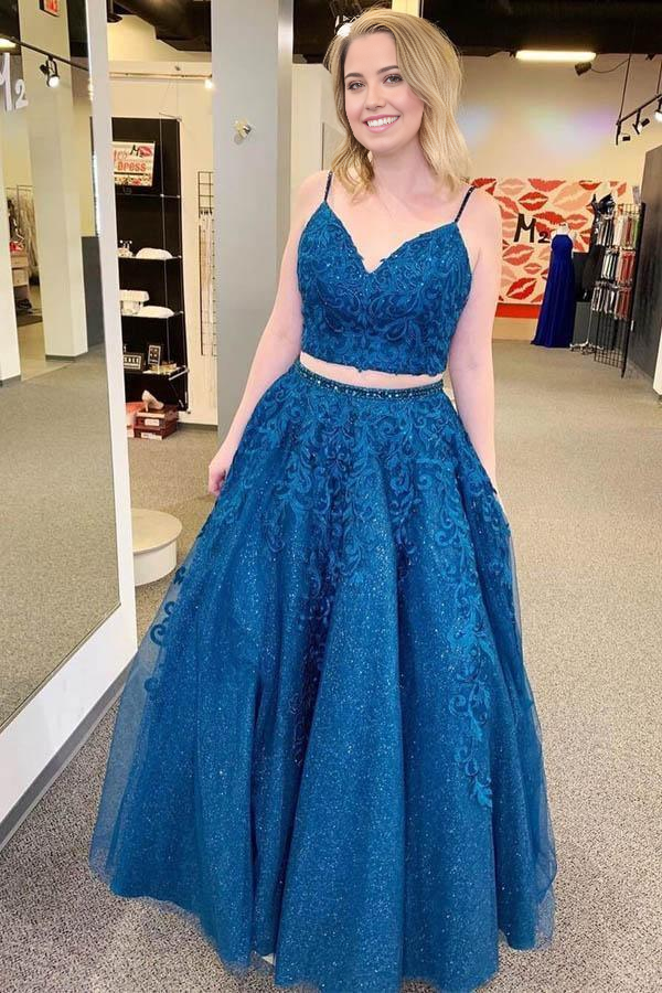 Wholesa Two Piece Sparkle Tulle Appliques Royal Blue Prom Dresses Formal Dress
