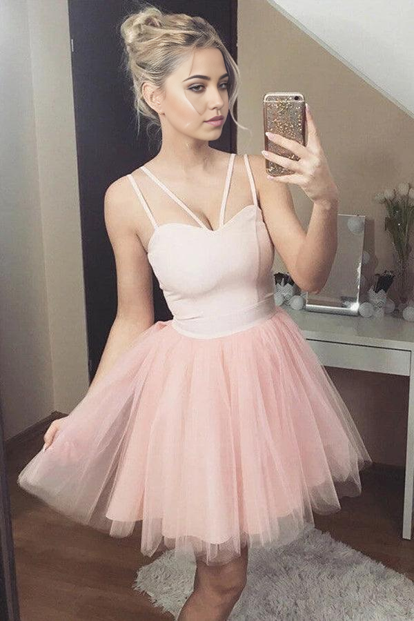 Wholesa A-line Cute Sweetheart Tulle Short Prom Dress Pink Homecoming Dress